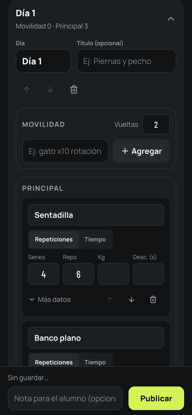 Editor del plan: se escribe Sentadilla 4x6 y se arma el ejercicio